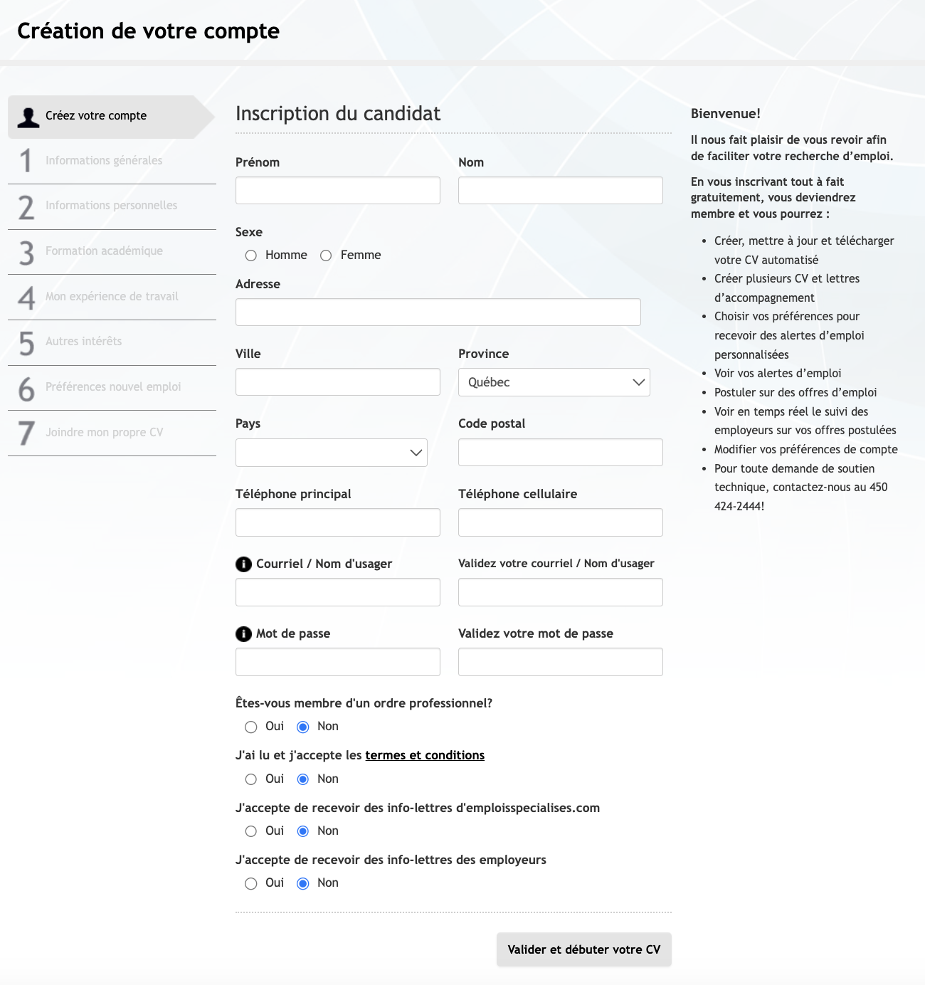 Remplir son CV automatisé sur emploisjuridiques.com